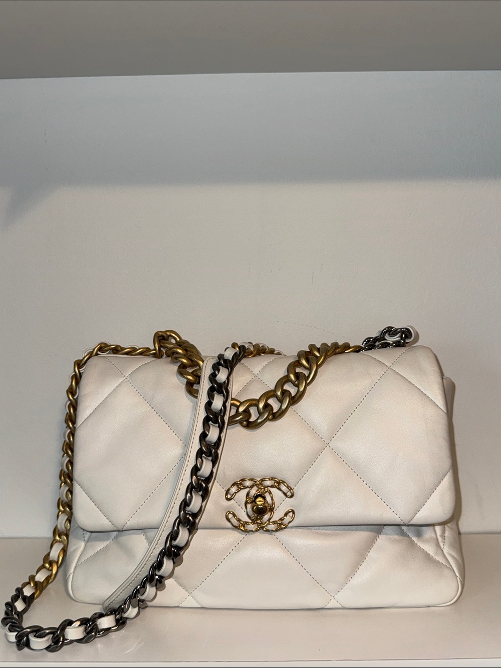 CHANEL 19 Quilted Flap Bag in White with Silver and Gold Chain